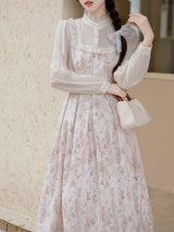 White Floral Lace Ruffles Edwardian Revival Dress