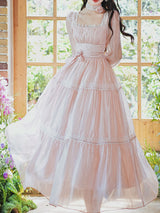 Pink Square Neck Lace Ruffle Vintage Fairy Dress