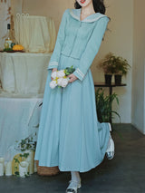 2PS Lake Blue Sailor Collar Tweed Coat With Swing Skirt 1950S Vintage Audrey Hepburn's Style Outfits