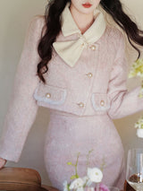 2PS Pink Turn Down Collar Long Sleeve Wool Coat With Skirt Suit