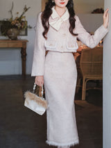 2PS Pink Turn Down Collar Long Sleeve Wool Coat With Skirt Suit