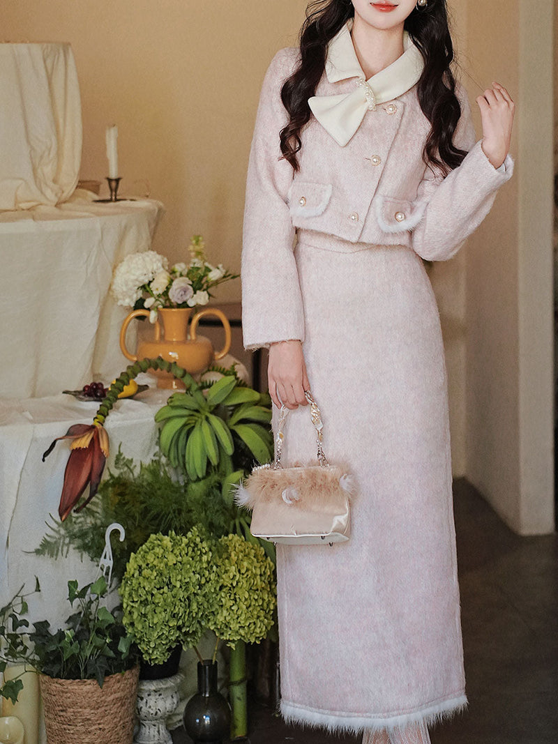 2PS Pink Turn Down Collar Long Sleeve Wool Coat With Skirt Suit