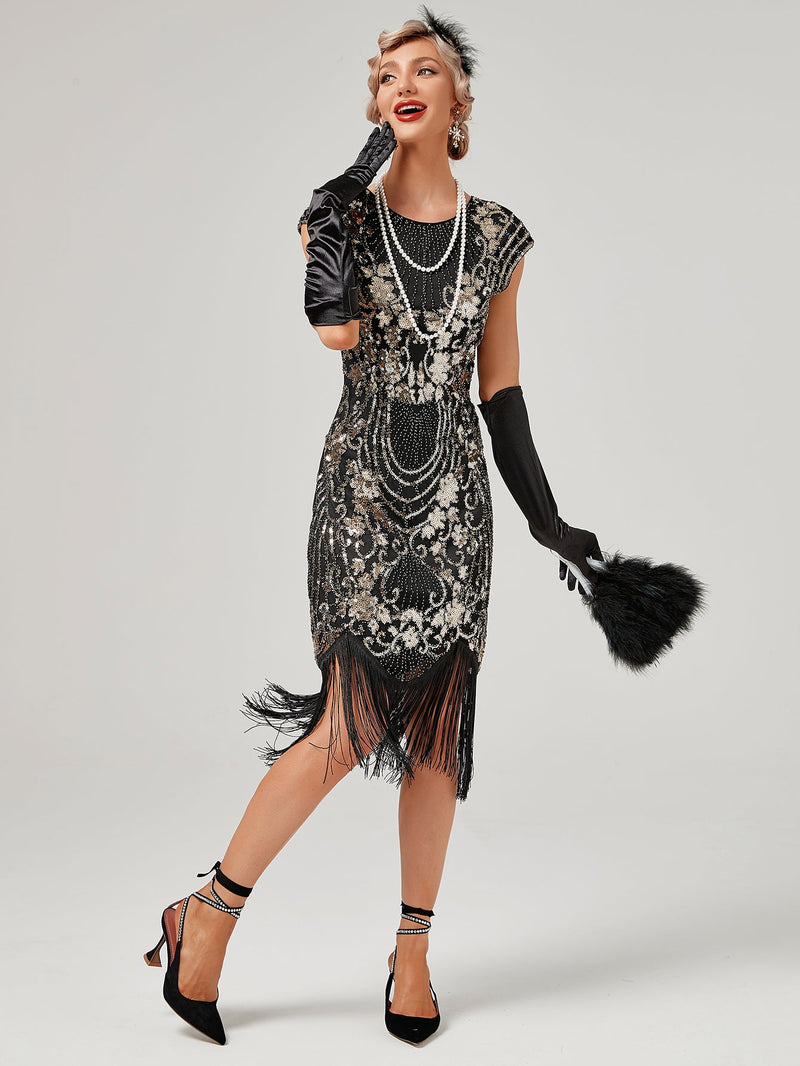 Crew Neck Sequined Beaded Cap Sleeve Tassels 1920S Gatsby Dress