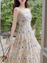 2PS White Floral Print Spaghetti Strap Dress With Blue Shawl Dress Suit