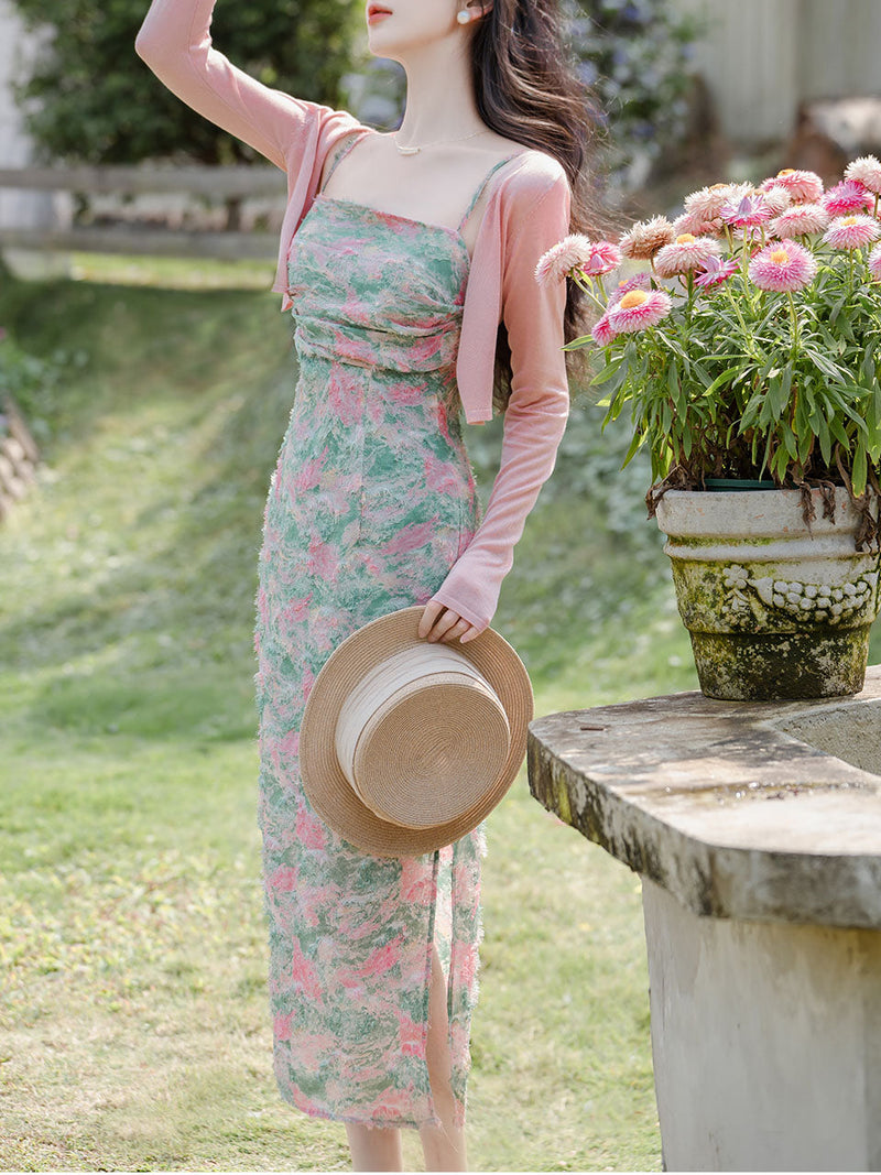 2PS Green Floral Print Spaghetti Strap 1950S Vintage Dress With Pink Long Sleeve Cardigan