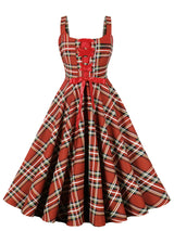 Red Plaid Lace-up Sleeveless 1950s Vintage Party Dress