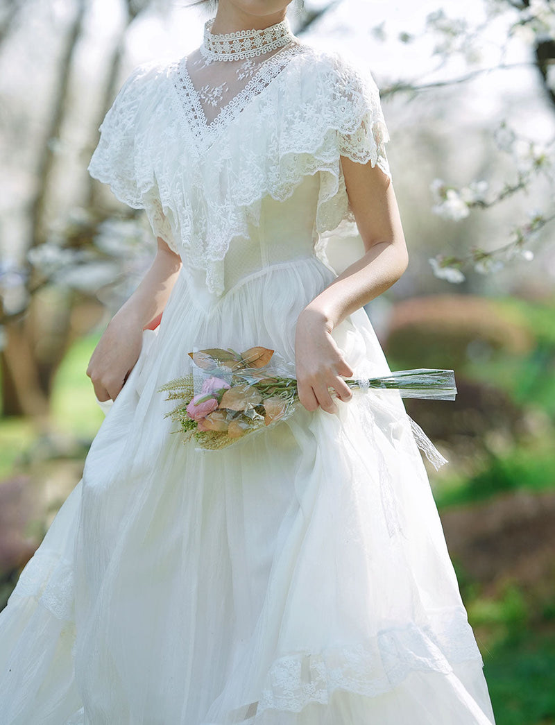 White Lace Pleat Edwardian Revival Vintage Wedding Dress