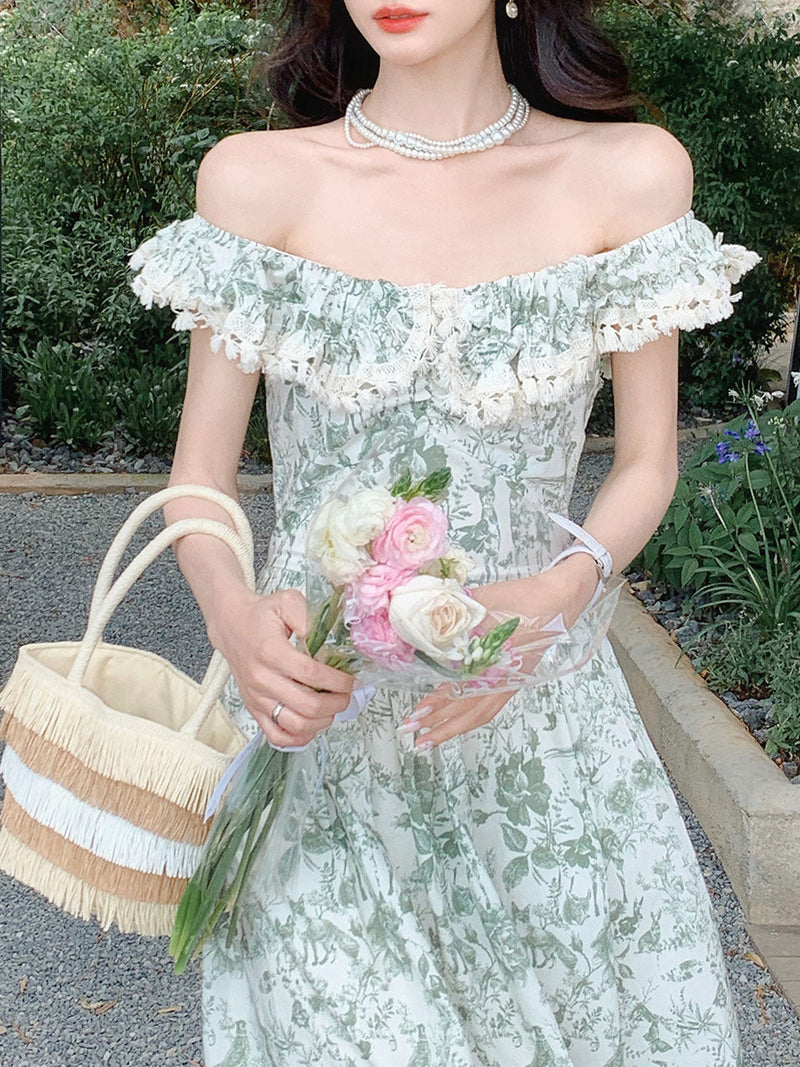 Green Floral Print Off Shoulder 1950S Vintage Dress