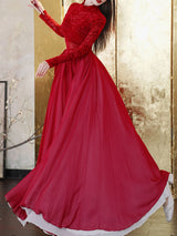 Red Romantic Ruffle Long Sleeve Vintage Maxi Swing Dress Prom Dress