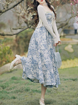 2PS Apricot Cardigan With Blue Porcelain Pattern Swing Dress