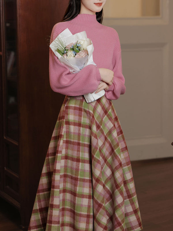 2PS Fuchsia Warm Sweater And Plaid Swing Skirt