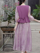 2PS Purple V-neck Organza Flowing Swing Dress with Purple Vest Suits