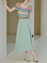 2PS Green Round Collar Stripe Knitted Shirt And Swing Skirt Dress Set