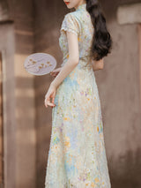 Light Green Burnout Print Cap Sleeve Cheongsam Dress