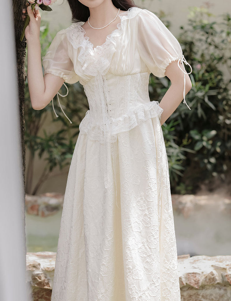 Sweet Victorian Ruffles Corset Short Sleeve Wedding Maxi Dress