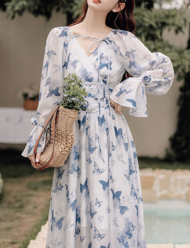 Blue Butterfly Print Long Sleeve Vintage Maxi Dress