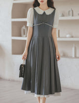 Grey Peter Pan Collar Preppy Style Pleated Dress