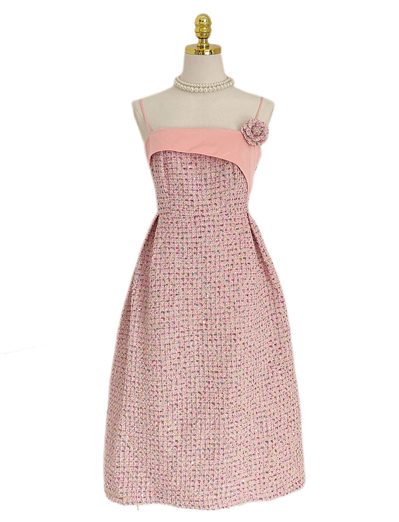 Pink Camellia Flower Spaghetti Strap Tweed Party Dress