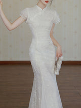 White Lace Ruffle Sleeve Sequined Fishtail Cheongsam Fishtail Wedding Dress