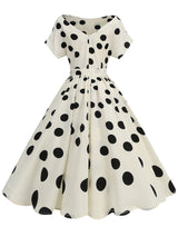 1950s White Polka Dots Short Sleeve Vintage Swing Dress