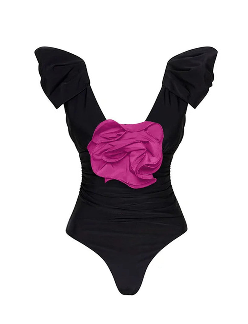 Purple Rose  Ruffles One Piece With Bathing Suit Swing Skirt