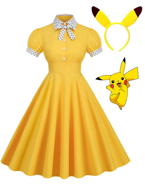 Yellow Pikachu Inspired Pokemon Swing Vintage 1950S Dress with Headband