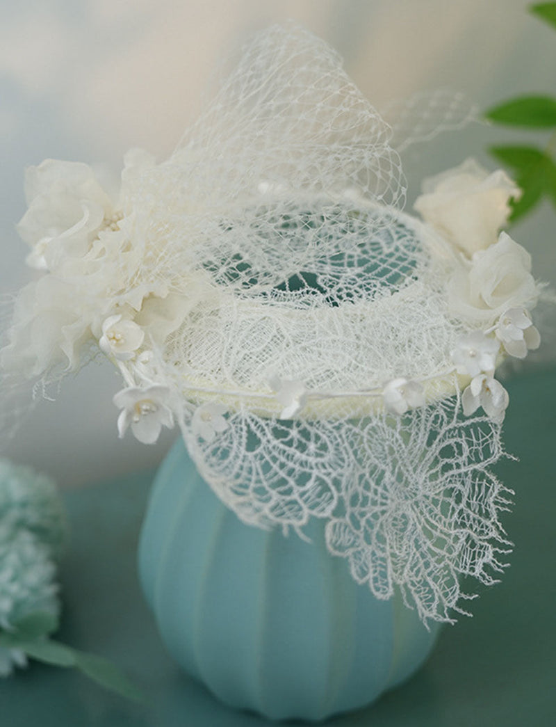 Hand-Woven Mesh Decorative Linen Lace White Wedding Hat