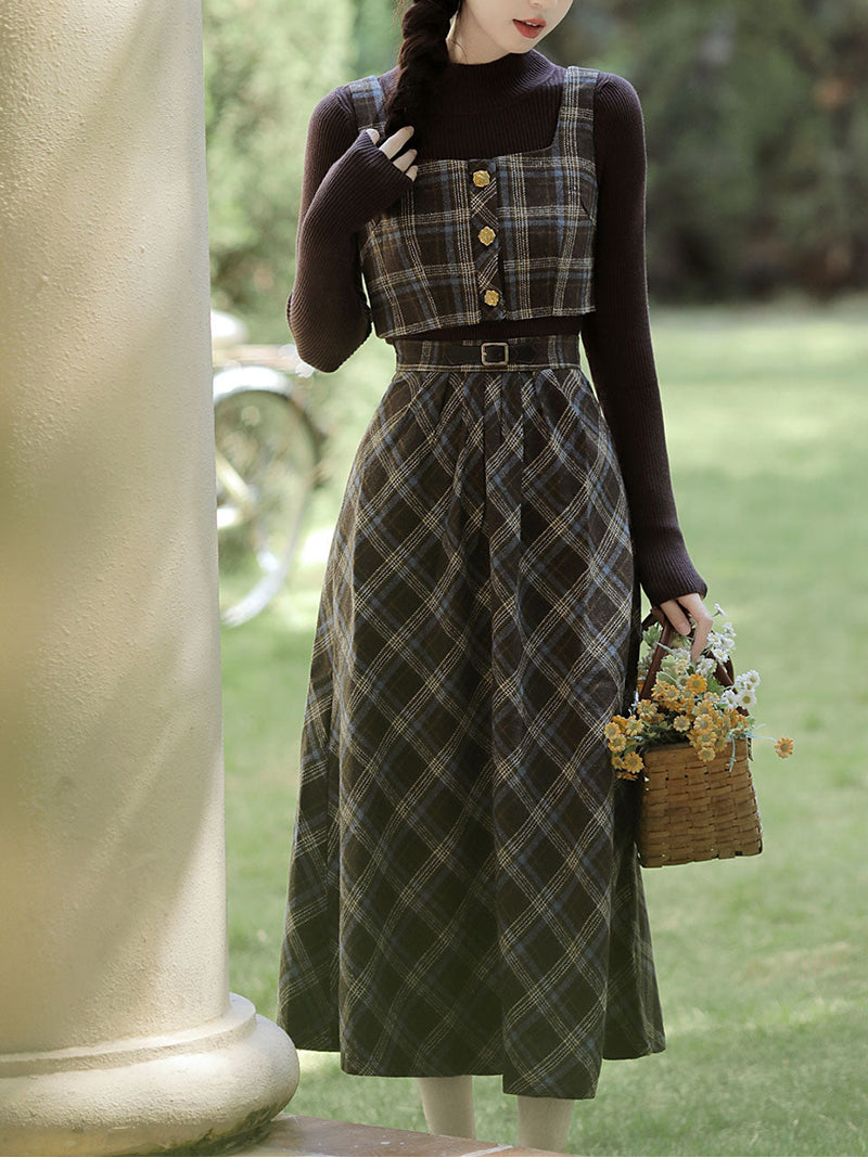 3PS Brown Knit Top and Plaid Vest Skirt Suit 1950S Vintage Audrey Hepburn's Style Outfits