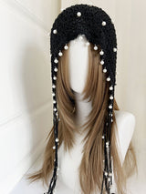 Retro Black Crocheted Hollow Knitted Pearl Tassel Pullover Hat