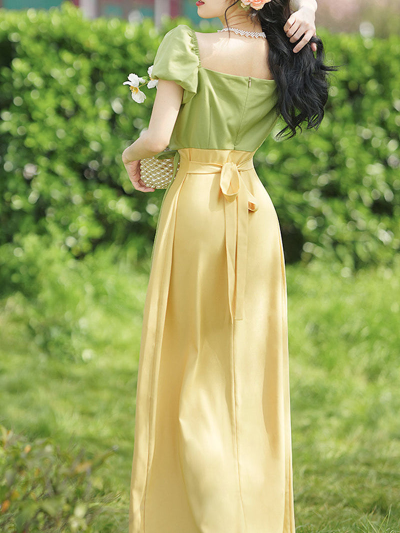 Yellow V Neck Puff Sleeve 1950S Vintage Dress