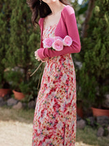 2PS Pink Floral Print Spaghetti Strap Dress With Rose Shawl Dress Suit