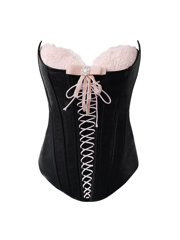 Black And Pink Retro Corset Sleeveless Vintage Top With Skirt Suit