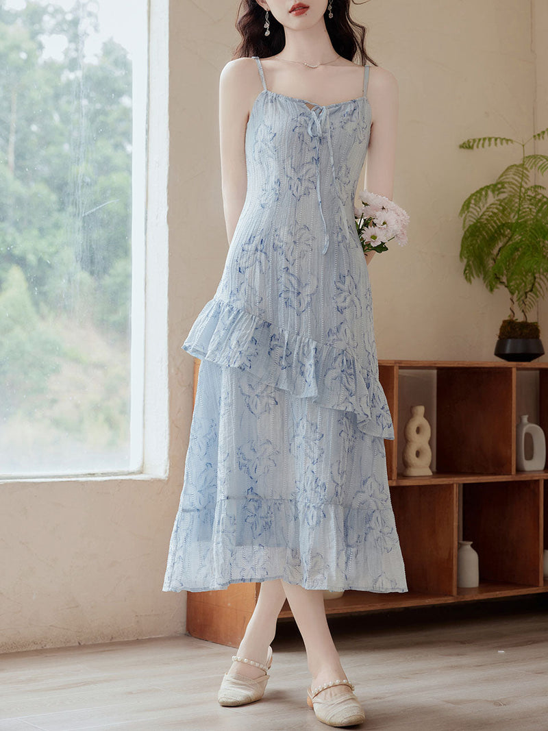 2PS Blue Floral Print Spaghetti Strap Dress With Blue Shawl Dress Suit