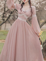 Pink Rose Girl Retro Lace V-neck Chiffon Long Lantern Sleeve Dress