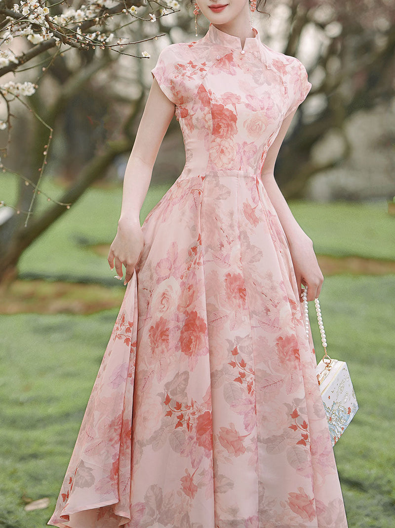 Pink Stand Collar Rose Flower Print Cat's Eye Button Cap Sleeve Cheongsam Dress