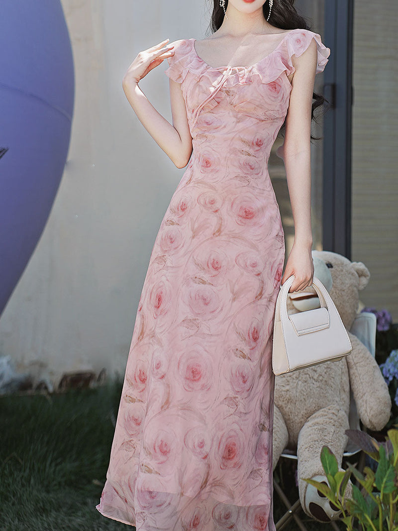 Lychee Rose Ruffle Round Neck Bodycon Chiffon Dress