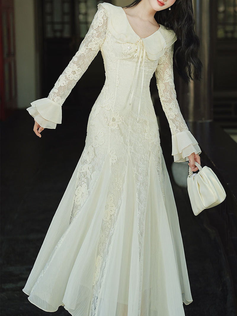 White Lace Long Sleeve Vintage Wedding Dress