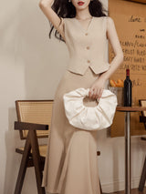 3 Piece Khaki Classic Vest Suit Fishtail Skirt Set 1950S Vintage Audrey Hepburn's Style Outfits