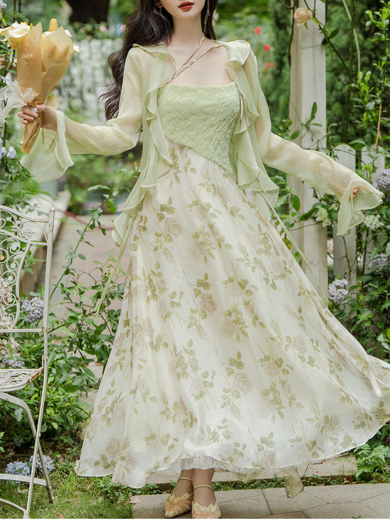 Green Bohemian Floral Print Chiffon Maxi Dress Prom Dress With Chiffon Cardigan