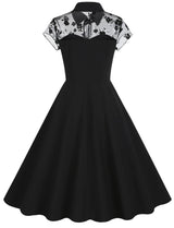 Black Peter Pan Semi Mesh Flower Short Sleeve 50S Swing Dress