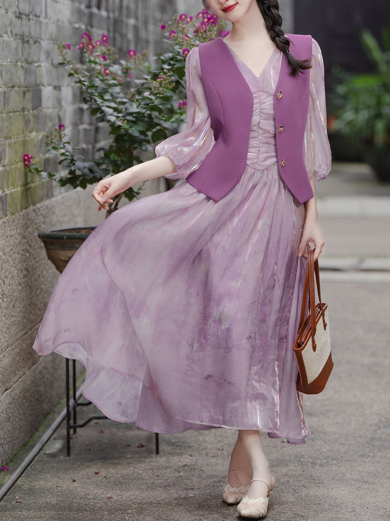 2PS Purple V-neck Organza Flowing Swing Dress with Purple Vest Suits