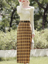 2PS White Rose Sweater And Yellow Plaid Straight Skirt Vintage outfit