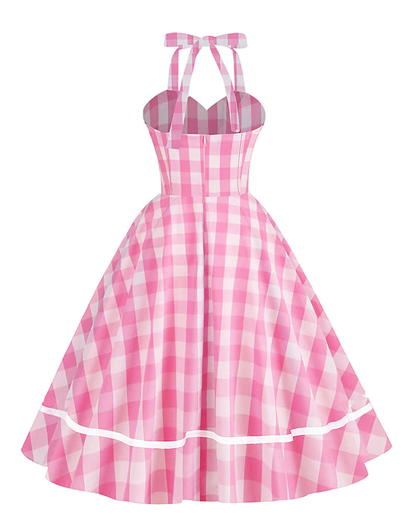 Pink And White Barbie Same Style Plaid Halter 1950S Vintage Dress