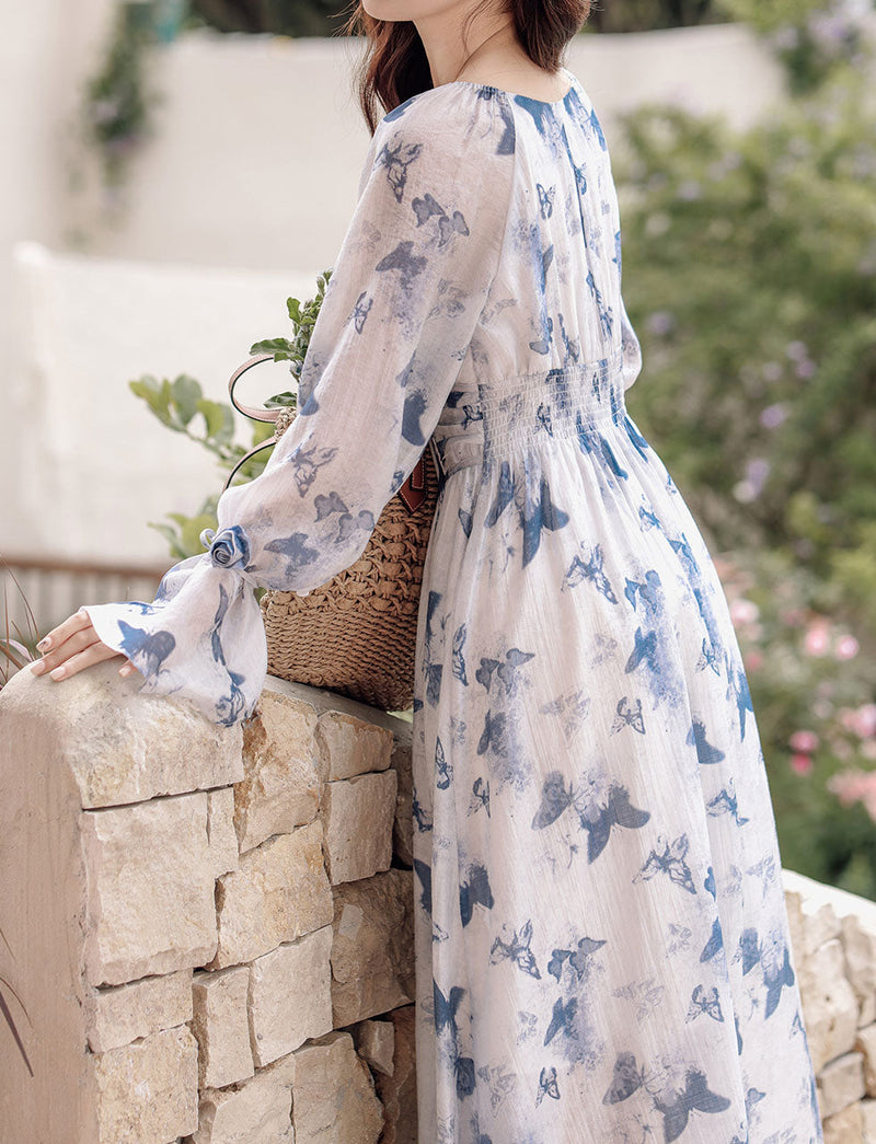 Blue Butterfly Print Long Sleeve Vintage Maxi Dress