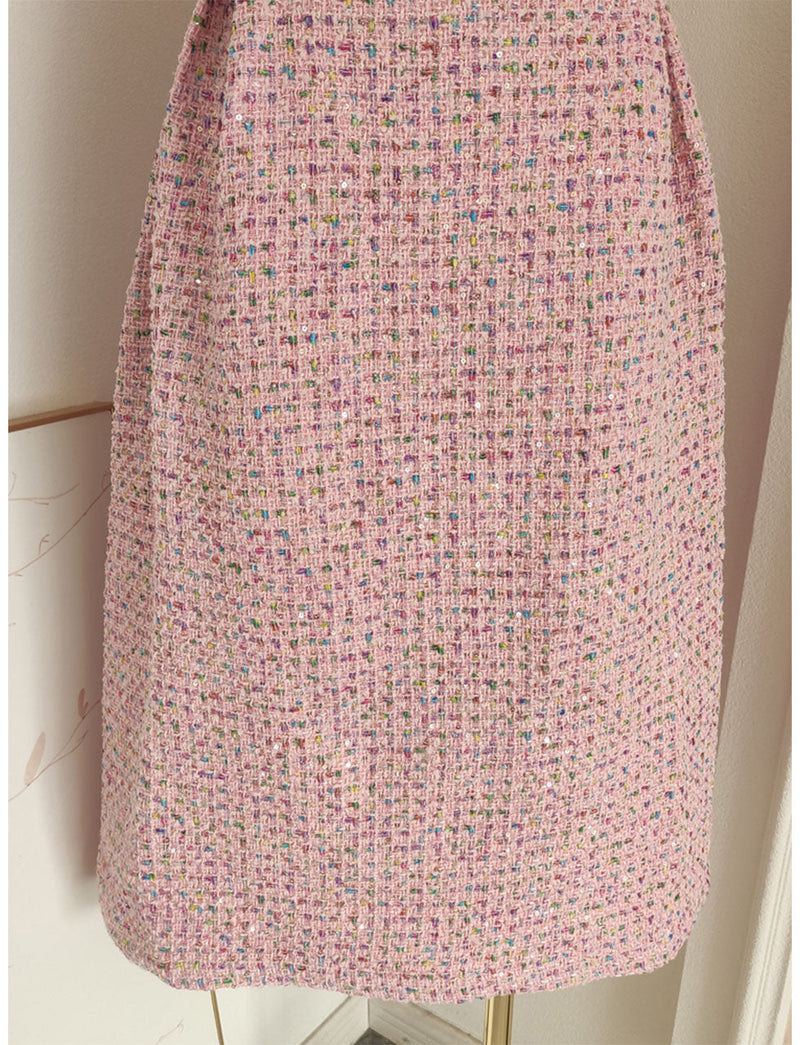 Pink Camellia Flower Spaghetti Strap Tweed Party Dress