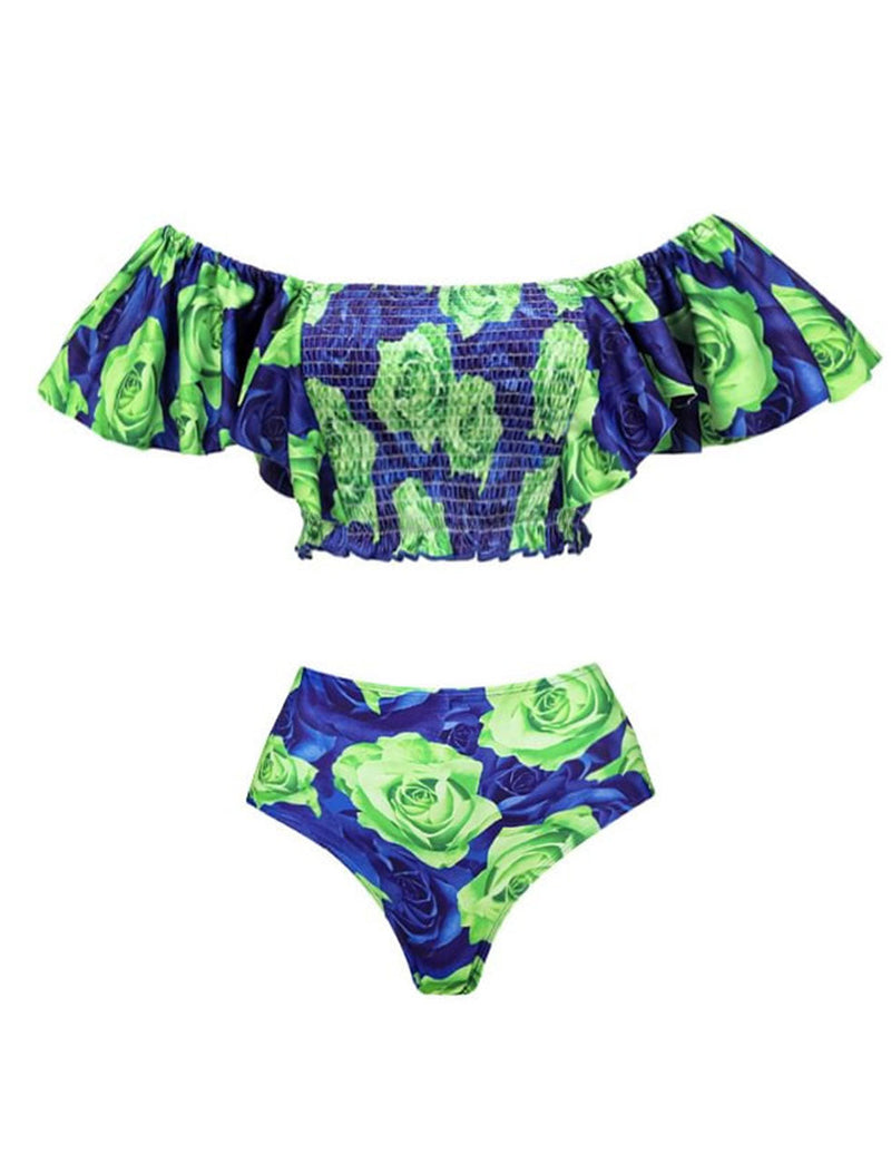 Green Leaf Print Off Shoulder One Piece With Bathing Swing Suit