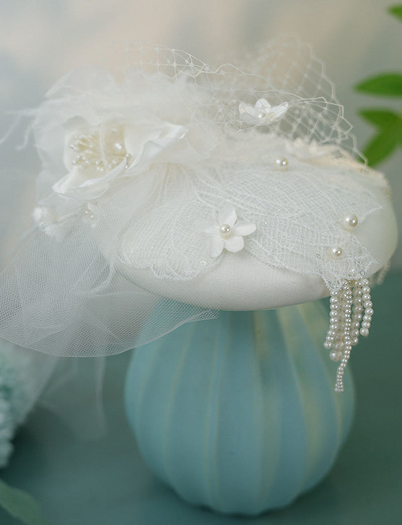 White Handmade Flowers Satin Birdcage Veil Wedding Vintage Hat with Pearls