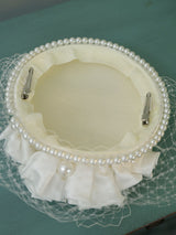 White Retro Handmade Flowers Satin Birdcage Veil Wedding Hat with Pearls