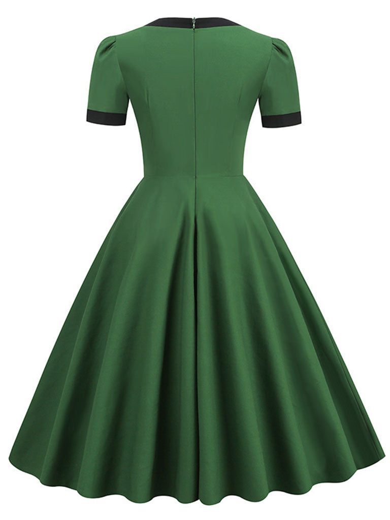 Green Big Bow Square Collar 1950S Vintage Dress