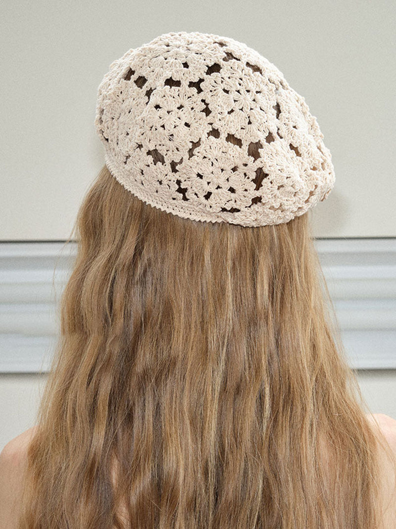 White Vintage Hollow Flower Crochet Beret Hat